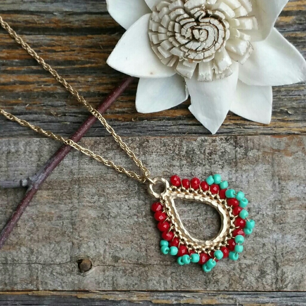 Turquoise & Red Tear Drop Beaded Necklace